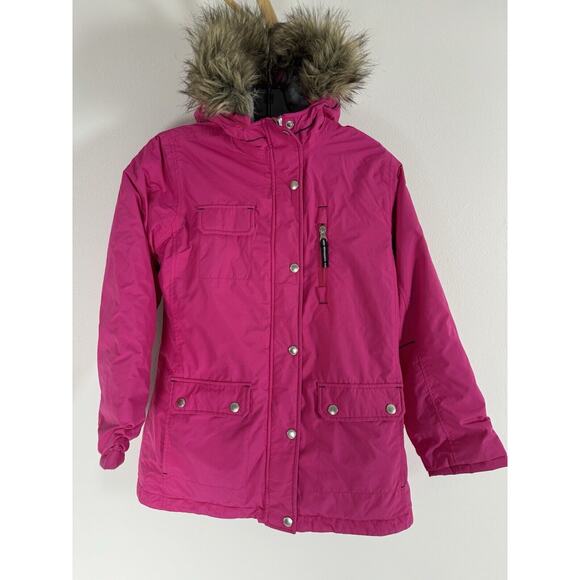 Lands' End Kids Grow-a-longs Jacket Coat L / 14 Pink Parka Fur Trimmed Hooded - Picture 1 of 11